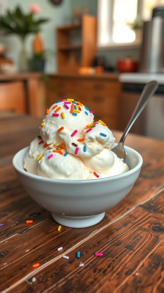 A bowl of vanilla ice cream topped with sprinkles on a wooden table.